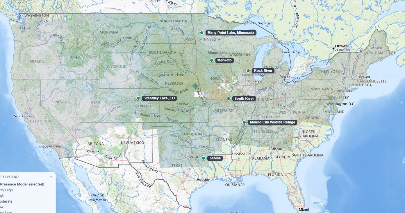 The Presence model showing tracked waterfowl activity across the continental United States, coast to coast