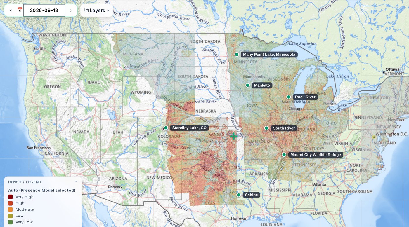The Presence model across the United States on September 13, 2026, covering the Central Flyway, the Midwest, and the Great Lakes