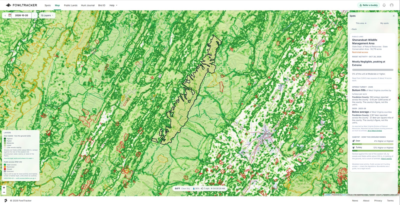 Deer habitat layer over a West Virginia wildlife management area, with the unit card open