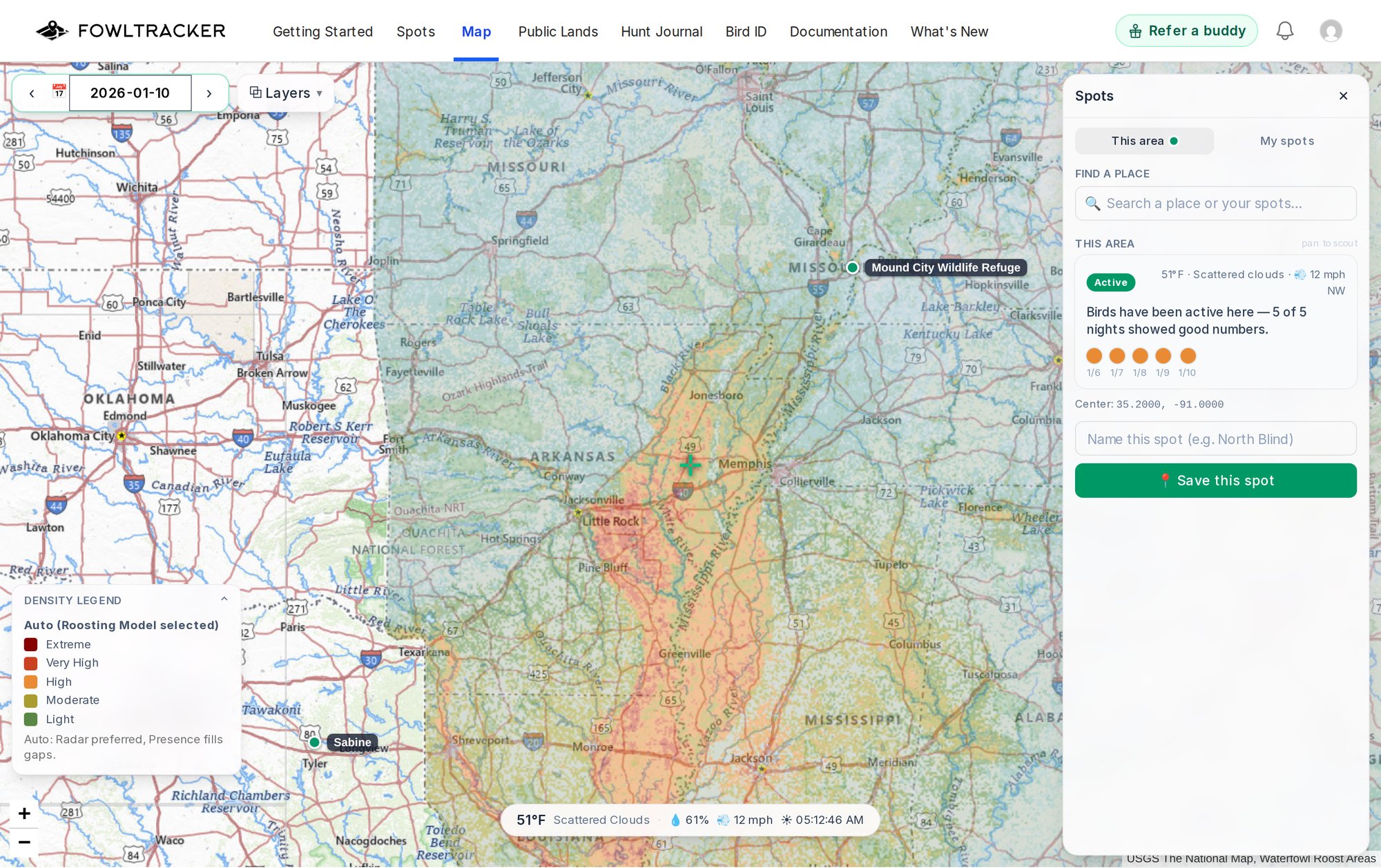 The FowlTracker map on a January night, with strong roost activity along the Mississippi River in Arkansas and the Spots panel reading Active