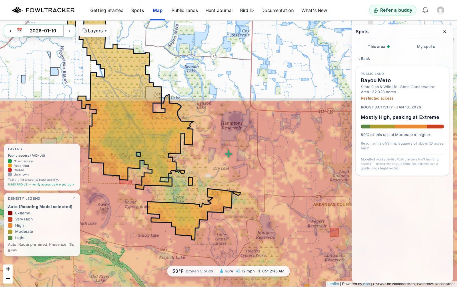 Bayou Meto Wildlife Management Area tapped on the map, with its roost activity for the night shown as a bar of levels