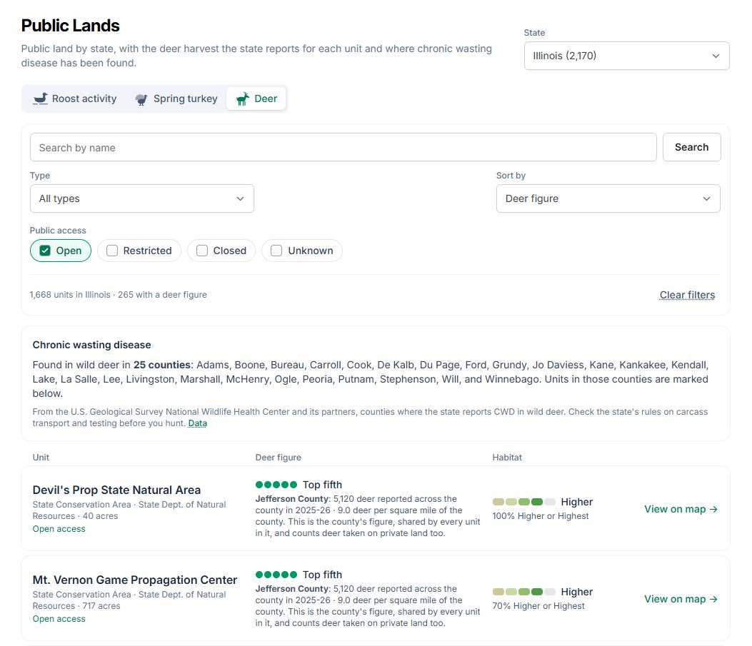 Public Lands list on the Deer tab, with chronic wasting disease counties and deer figures