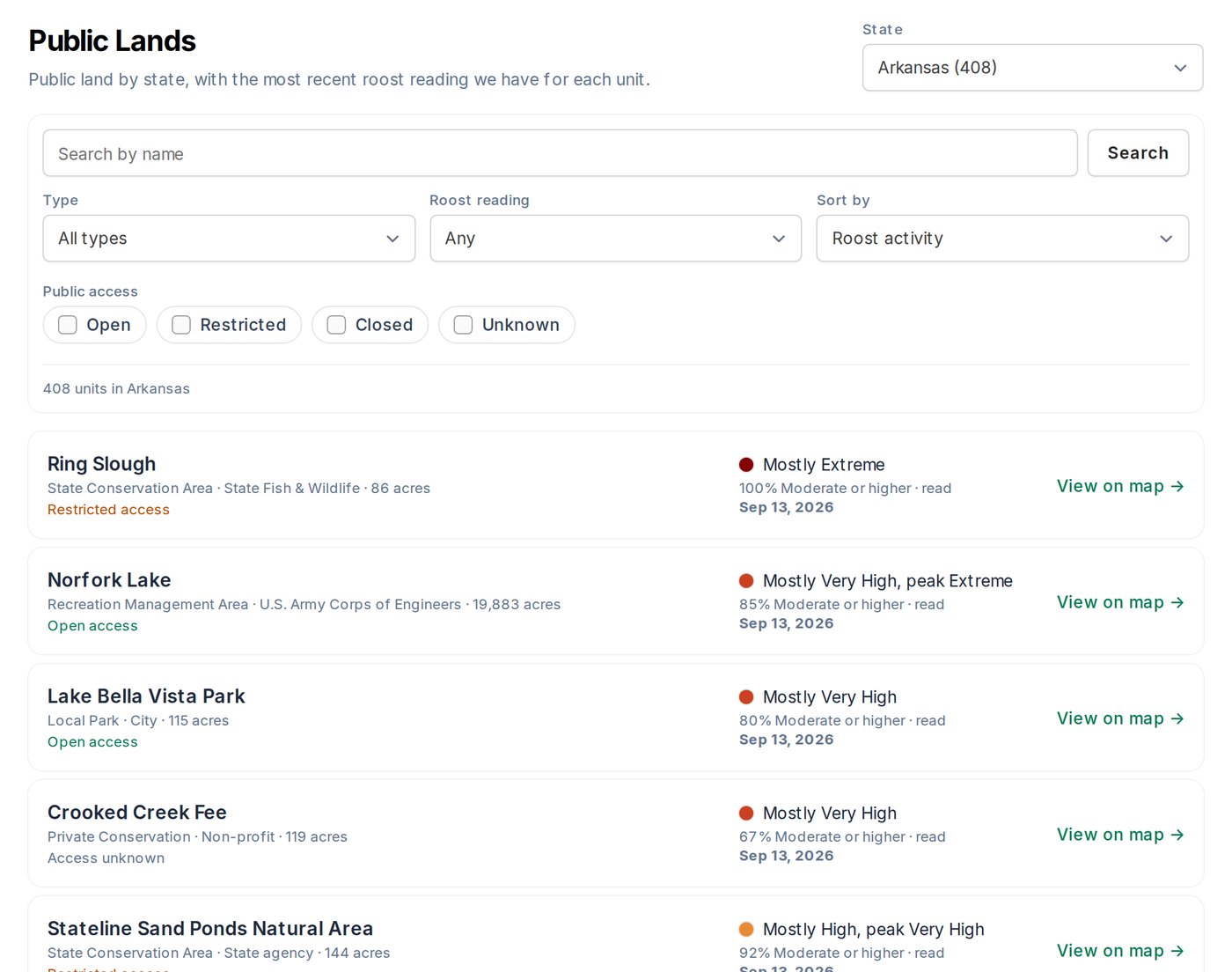 The Public Lands page for Arkansas, sorted by roost activity, listing each unit's type, access, and most recent reading