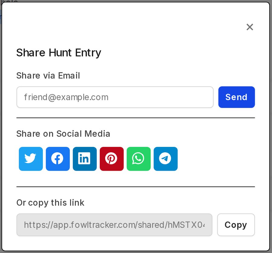 The Share Hunt Entry dialog with email, social, and copy-link options