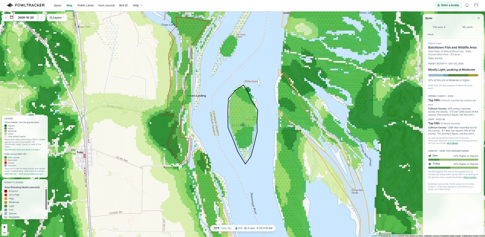 Turkey habitat layer along the Mississippi River in Illinois, with a public land unit selected