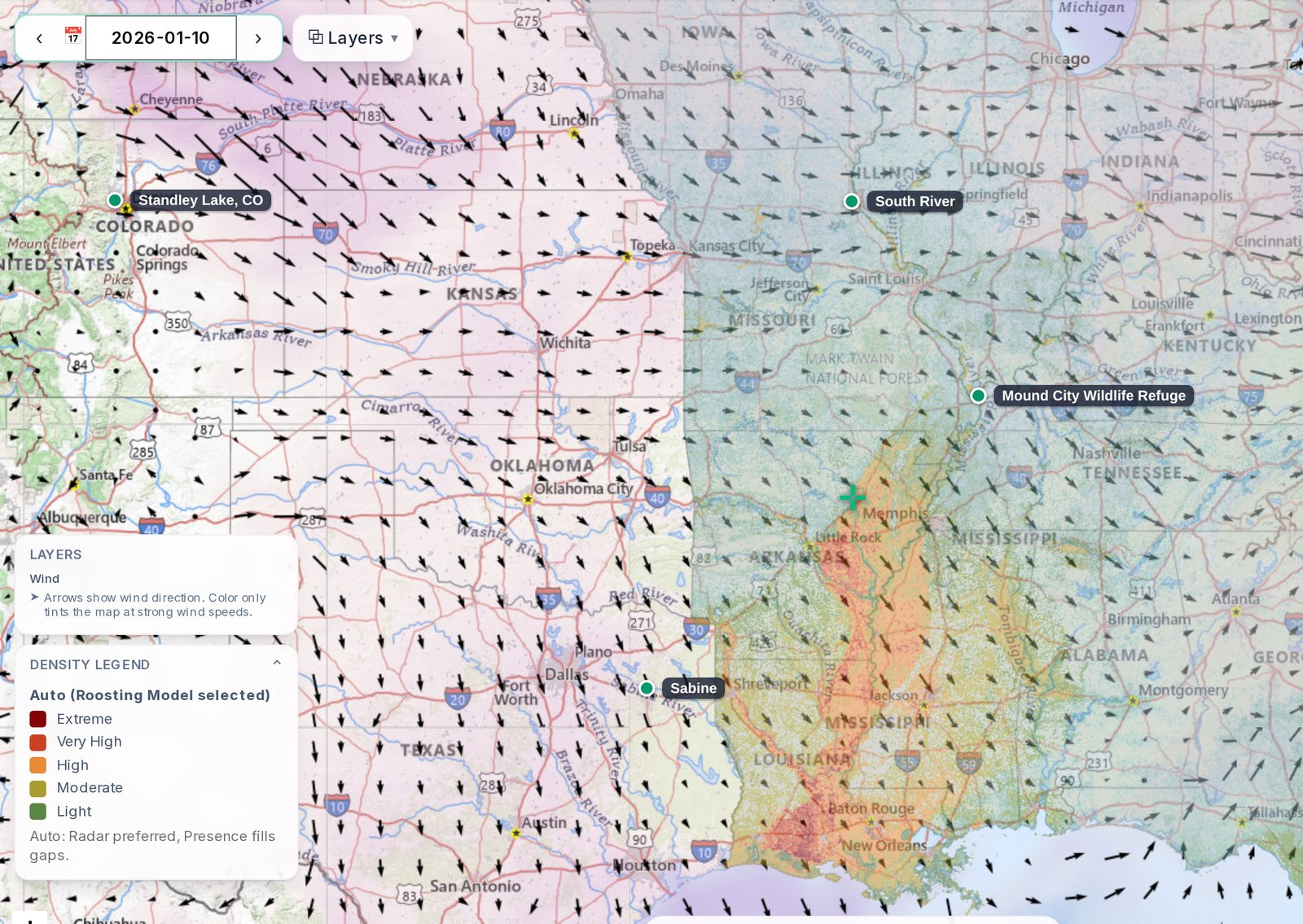 Wind direction arrows layered over waterfowl activity across the southern Mississippi Flyway